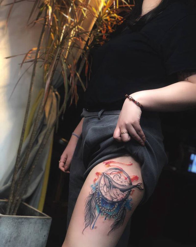 梦纹身图片_腿部水墨点刺纹身图案