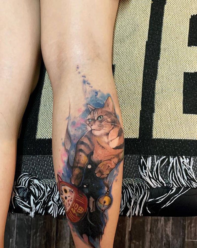 #喵纹身图片_脚部腿部水彩欧美写实纹身图案