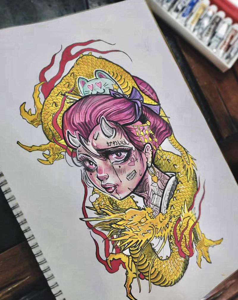 莹莹的作品纹身图片_手臂腿部New School水彩纹身图案