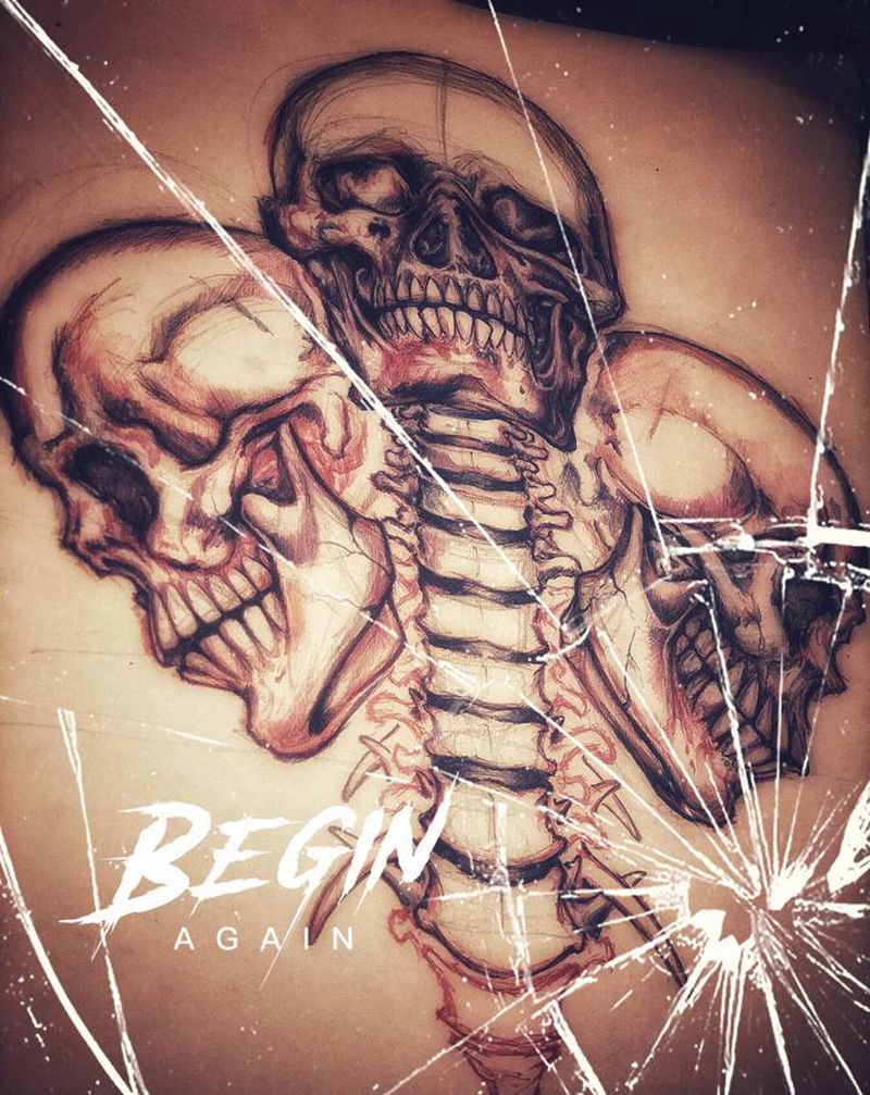 原创骷髅纹身图片_手臂背部点刺欧美写实纹身图案