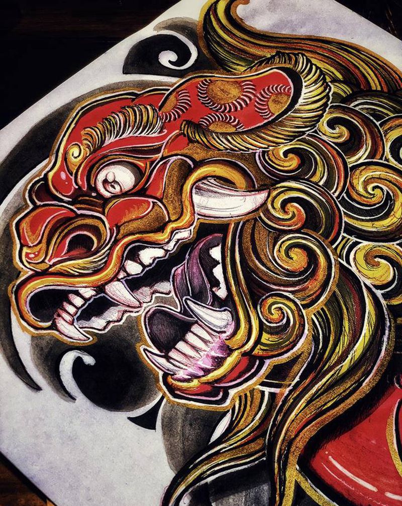 国风醒狮原创手稿纹身图片_手臂腿部新传统纹身图案