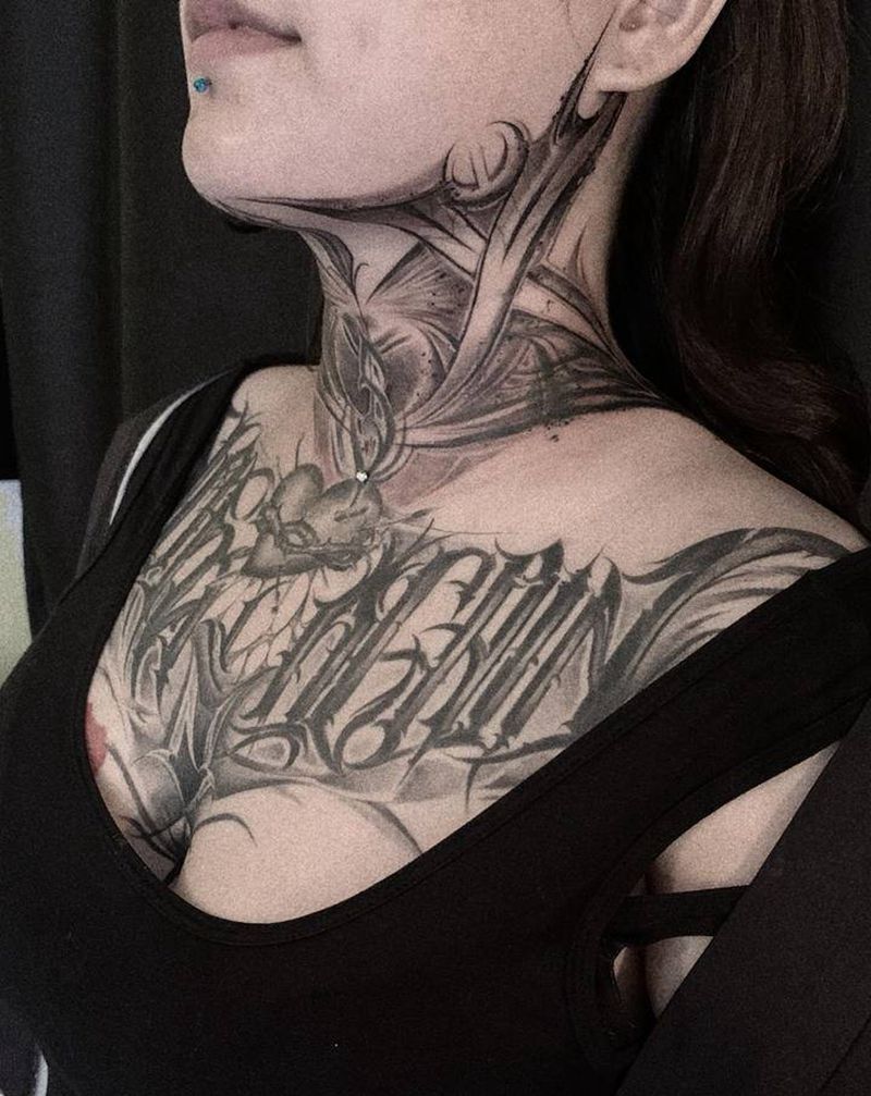 X纹身图片_颈部花体字暗黑花体字纹身图案