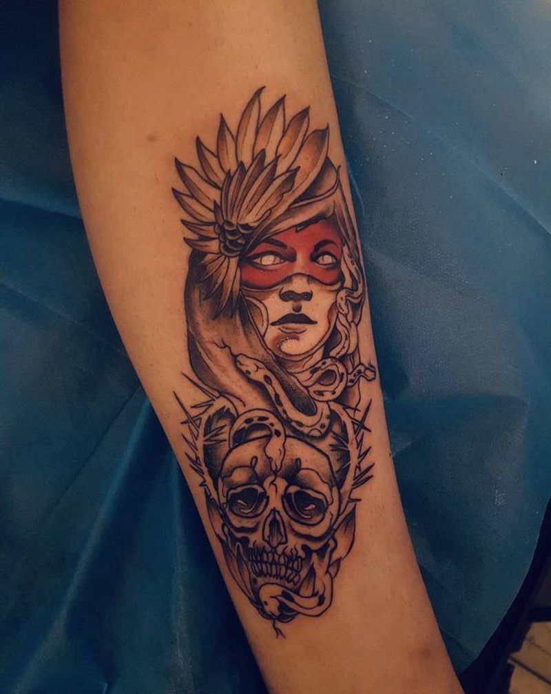 欧美人物纹身图片_腿部手部Old School欧美骷髅头纹身图案