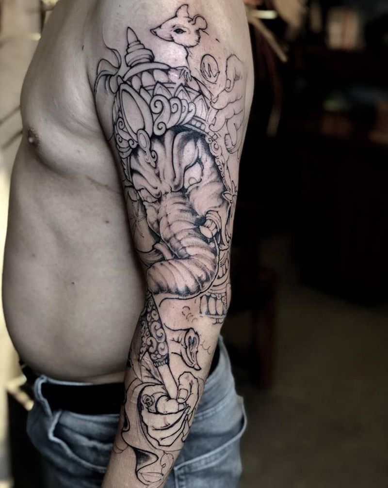 象神纹身图片_手臂新传统点刺纹身图案