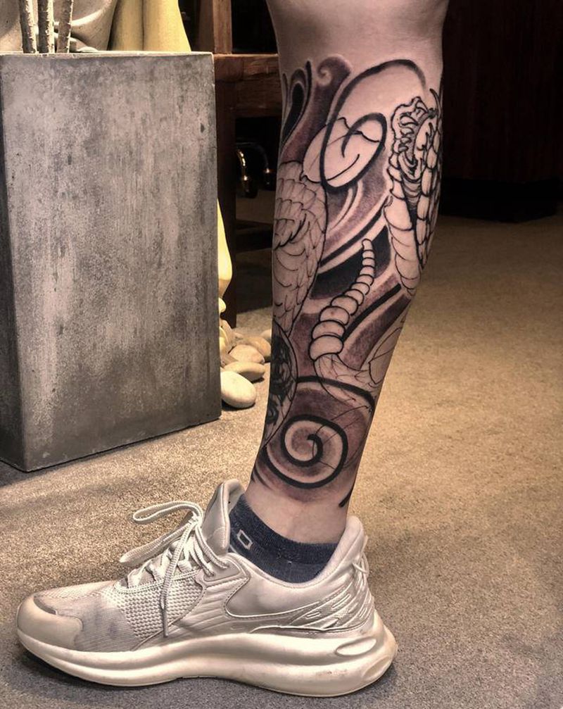 原创作品未完纹身图片_腿部新传统纹身图案