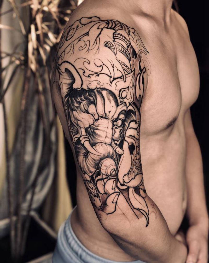 象神未完纹身图片_手臂新传统纹身图案