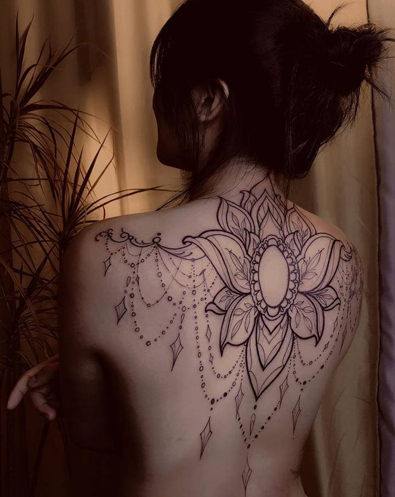 繁花似锦纹身图片_背部几何纹身图案