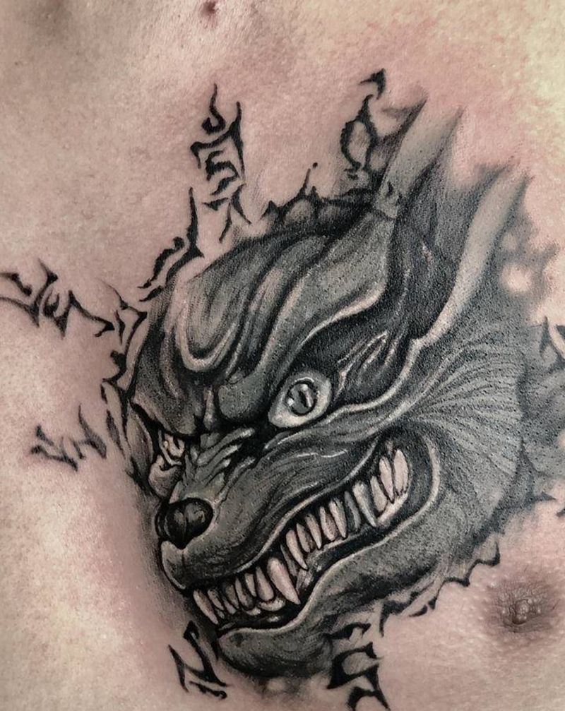 旧图覆盖纹身图片_胸部水墨点刺纹身图案