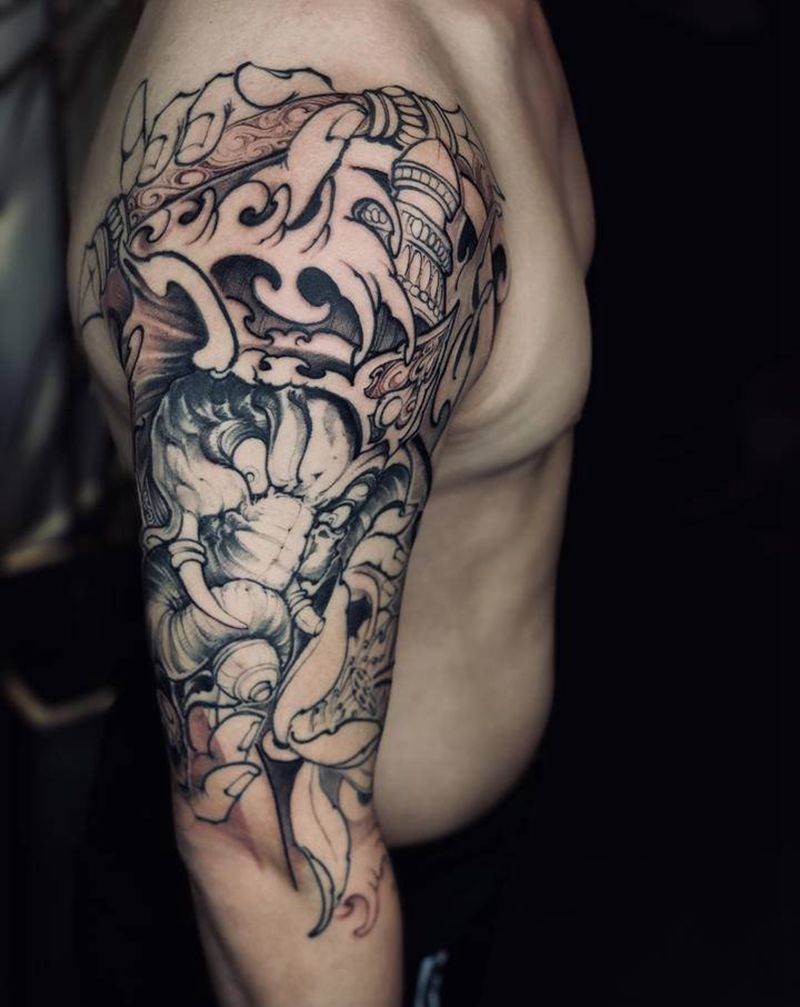 象神完成纹身图片_手臂新传统纹身图案
