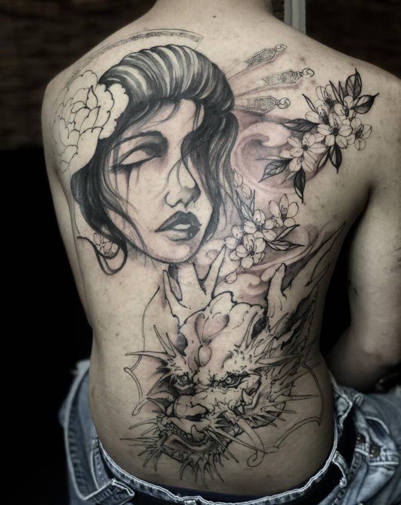 全程手绘纹身图片_背部新传统纹身图案