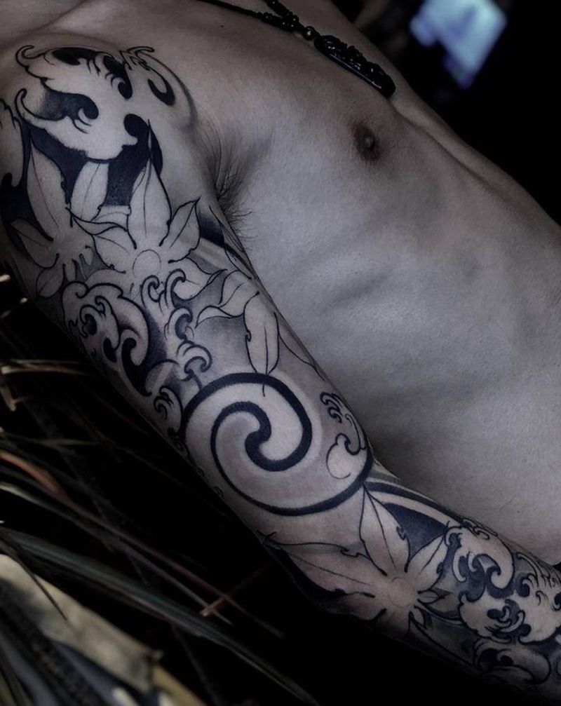 水浪花臂纹身图片_手臂新传统纹身图案