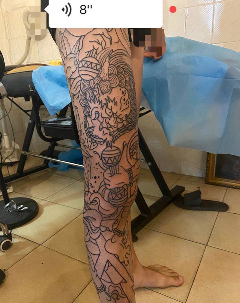 老传统雷神花腿纹身图片_腿部脚部老传统雷神花腿纹身图案