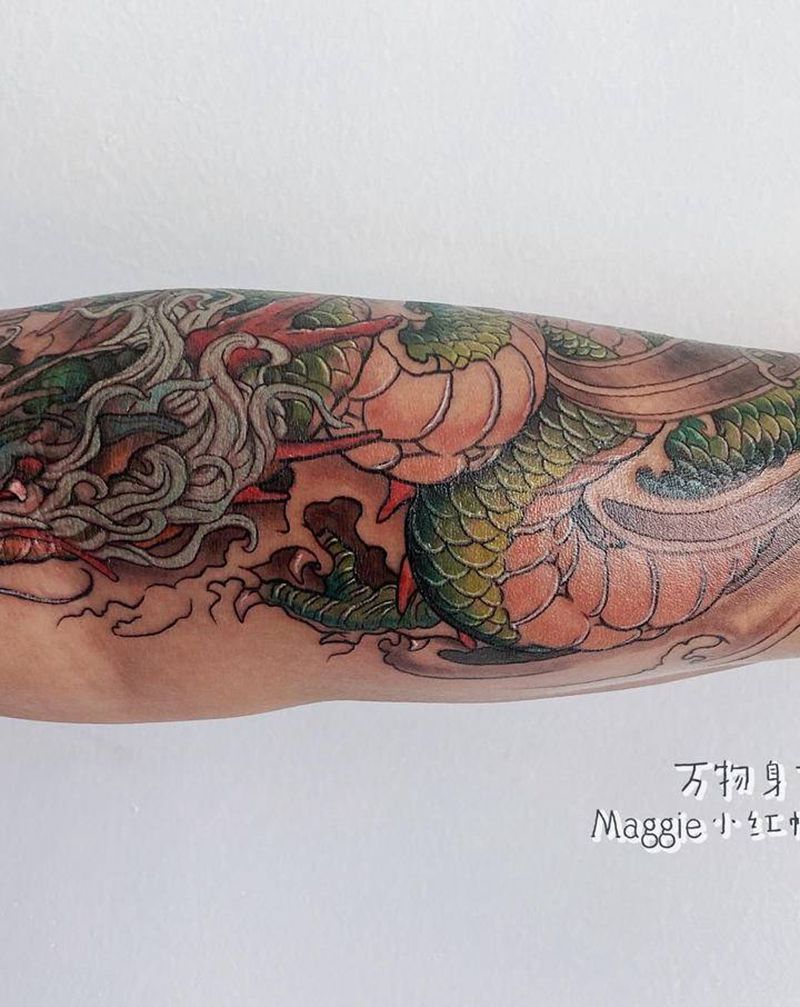 遮盖青龙小臂纹身图片_手臂新传统龙遮盖青龙纹身图案