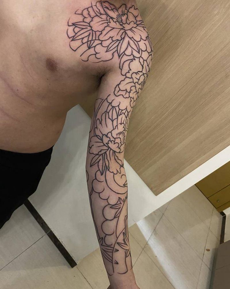 花臂纹身图片_手部手臂老传统牡丹花花臂纹身图案