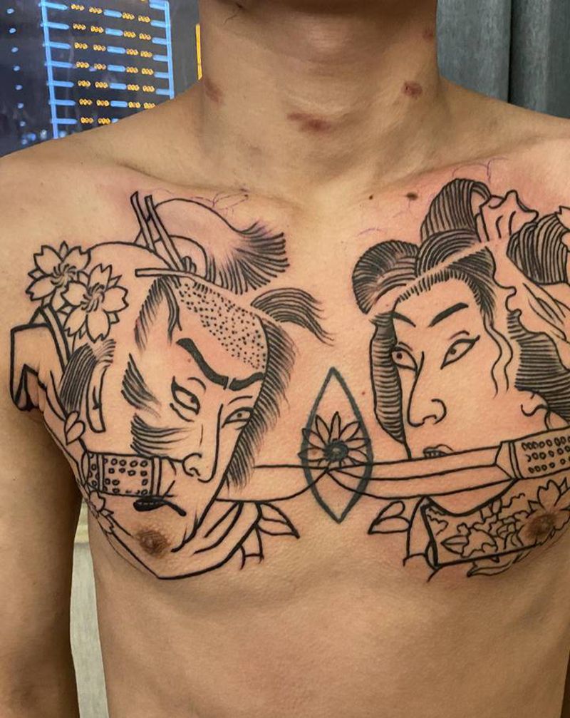 老传统日式花胸纹身图片_胸部老传统日式老传统纹身图案