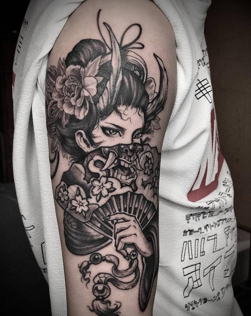 艺妓纹身图片_手臂新传统纹身图案