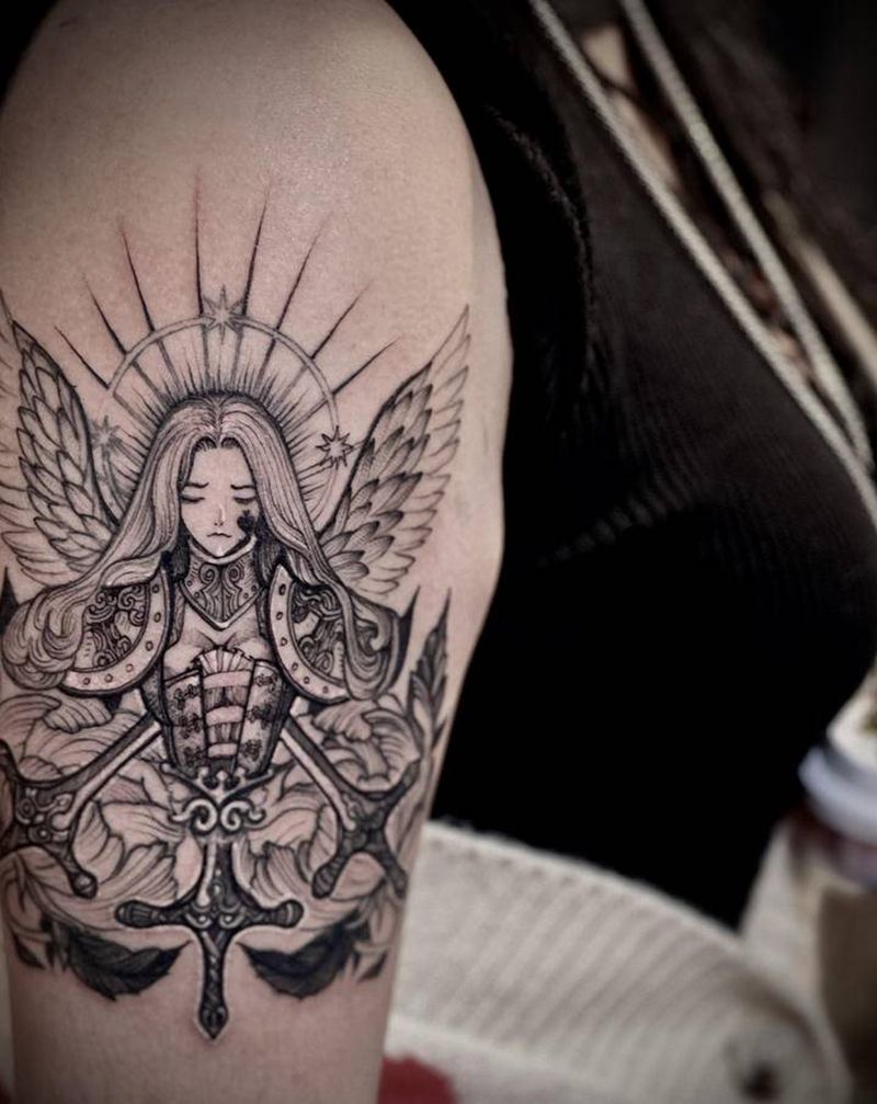 战斗天使纹身图片_手臂几何点刺纹身图案