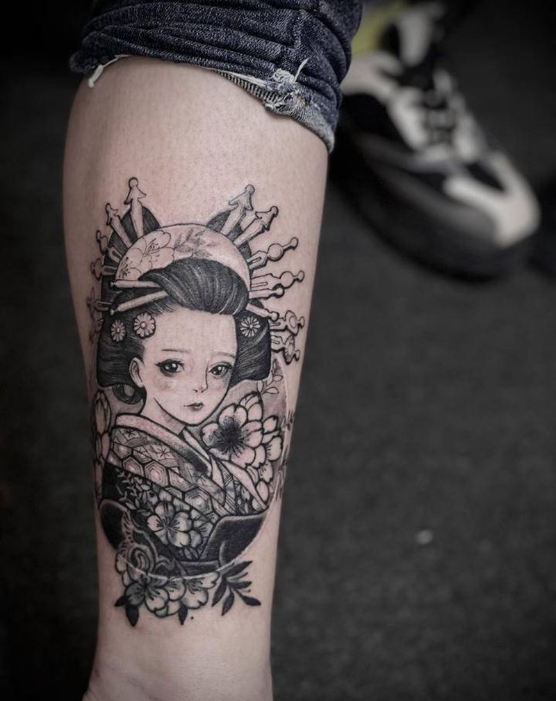 艺妓旧图覆盖纹身图片_腿部点刺几何纹身图案