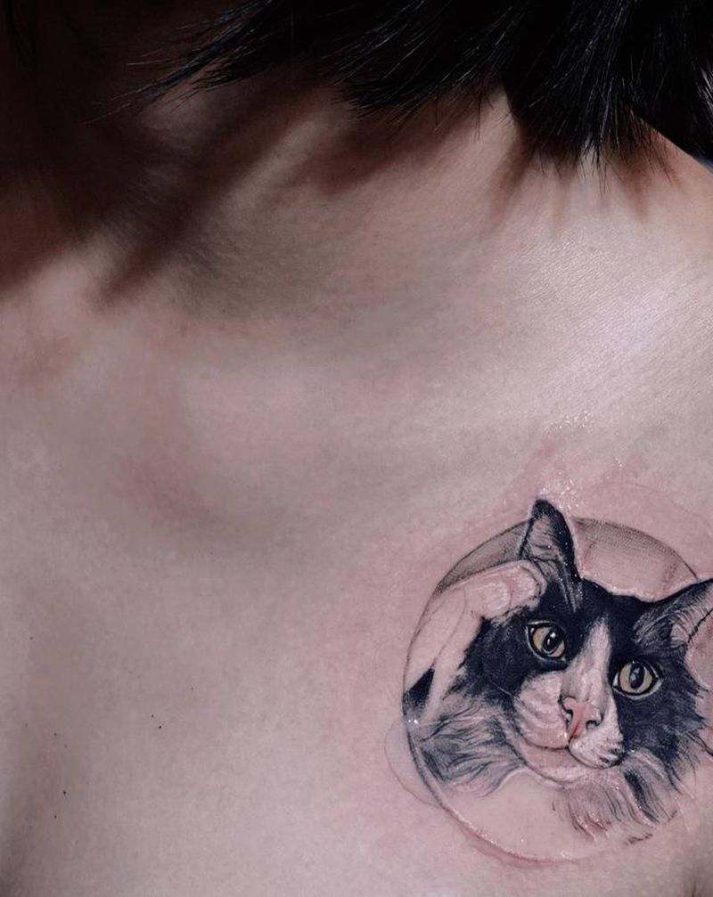 手绘小猫咪纹身图片_胸部点刺欧美写实纹身图案