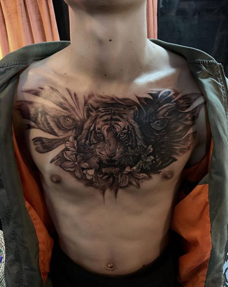 今晚打老虎。覆盖纹身图片_胸部欧美写实纹身图案