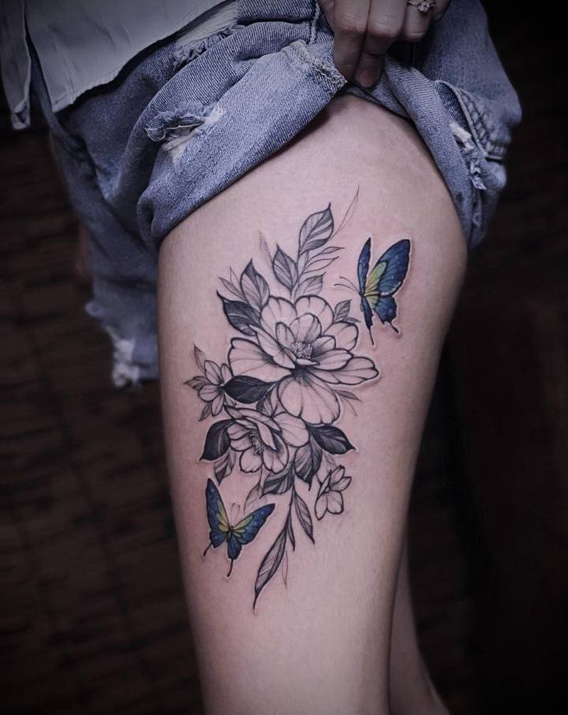 素花纹身图片_腿部点刺纹身图案