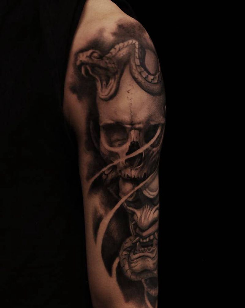 骷髅 般若纹身图片_手臂欧美写实纹身图案