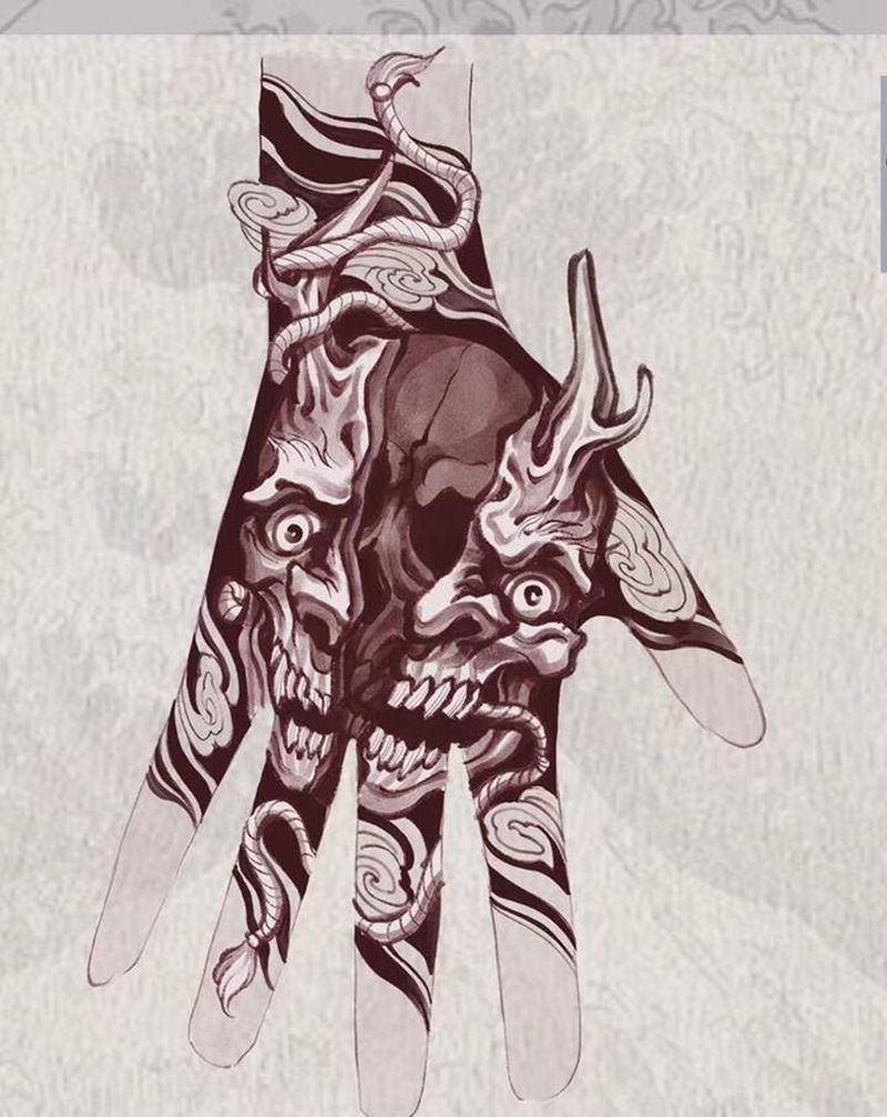 黑灰骷髅般若纹身图片_新传统纹身图案