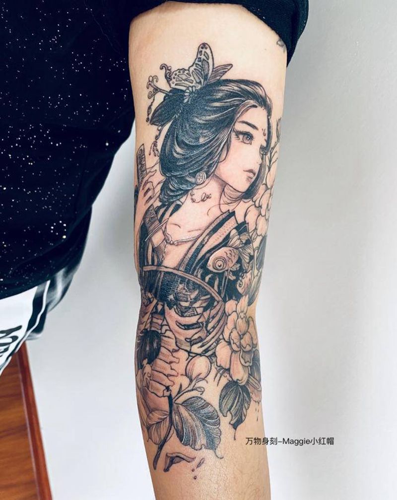 艺妓女手臂黑白纹身纹身图片_手臂欧美写实新传统艺妓女人日式纹身图案