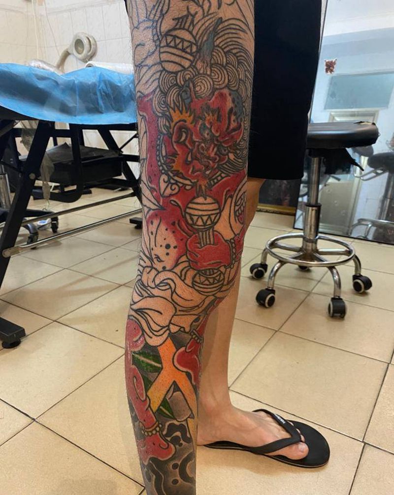 雷神纹身图片_腿部脚部老传统雷神雷神花腿纹身图案