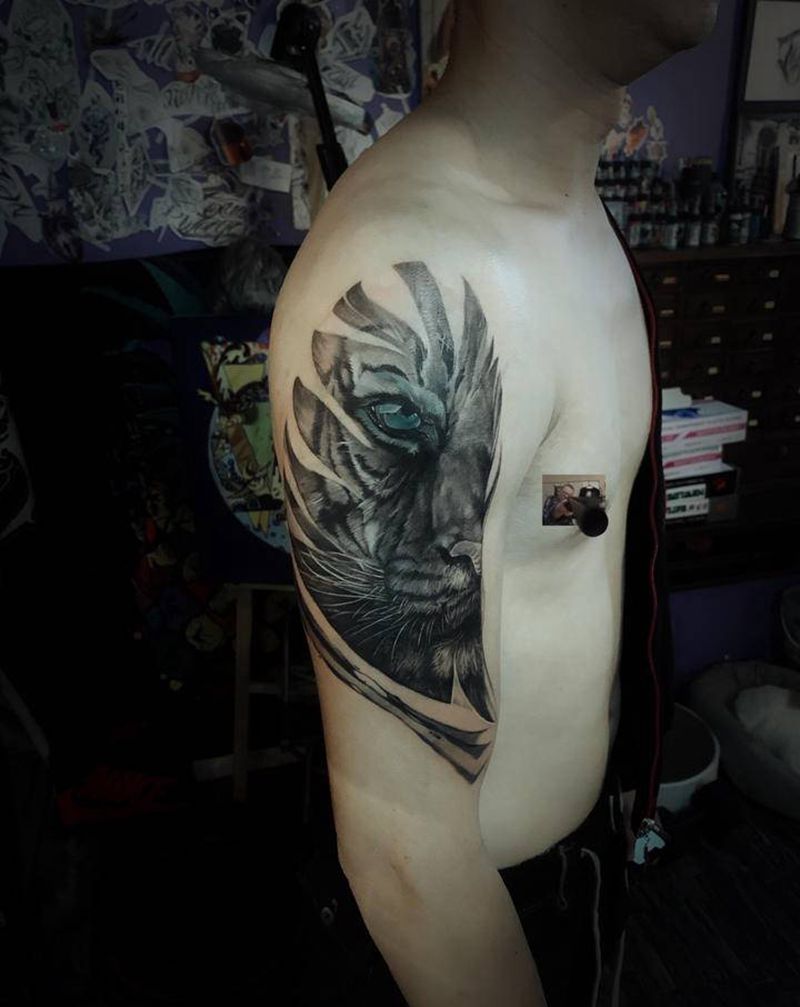 老虎纹身图片_手臂手部欧美写实纹身图案