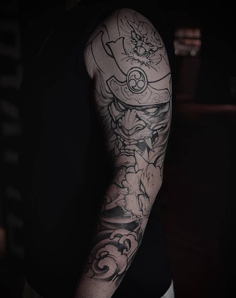 新传统鬼武士纹身图片_手臂新传统纹身图案