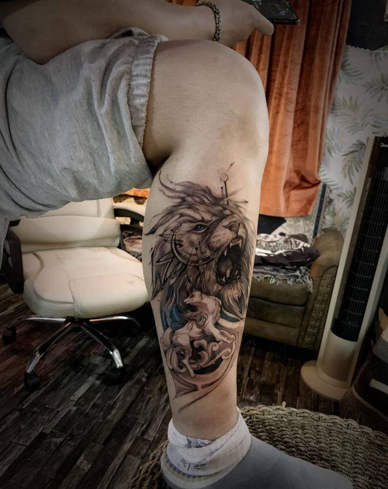 狮子&九尾狐纹身图片_腿部脚部水墨几何纹身图案