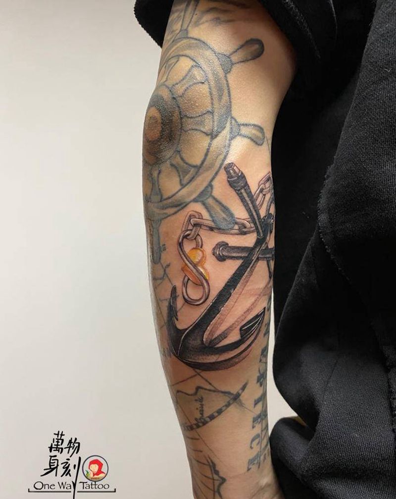 船锚⚓️纹身拼接设计写实风格纹身图片_手臂欧美写实点刺船锚写实设计纹身图案