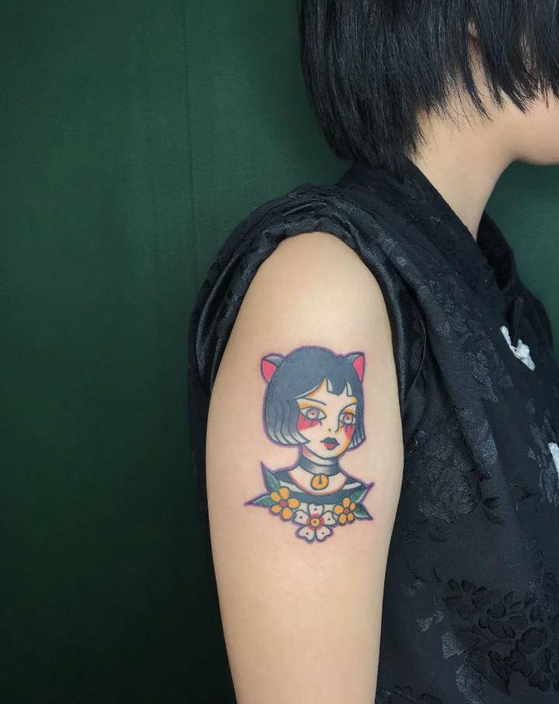 old school 小猫女纹身图片_手臂Old School女孩猫花纹身图案