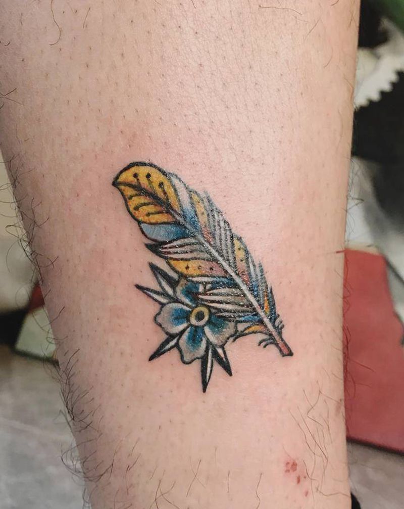 羽毛纹身图片_腿部Old School纹身图案