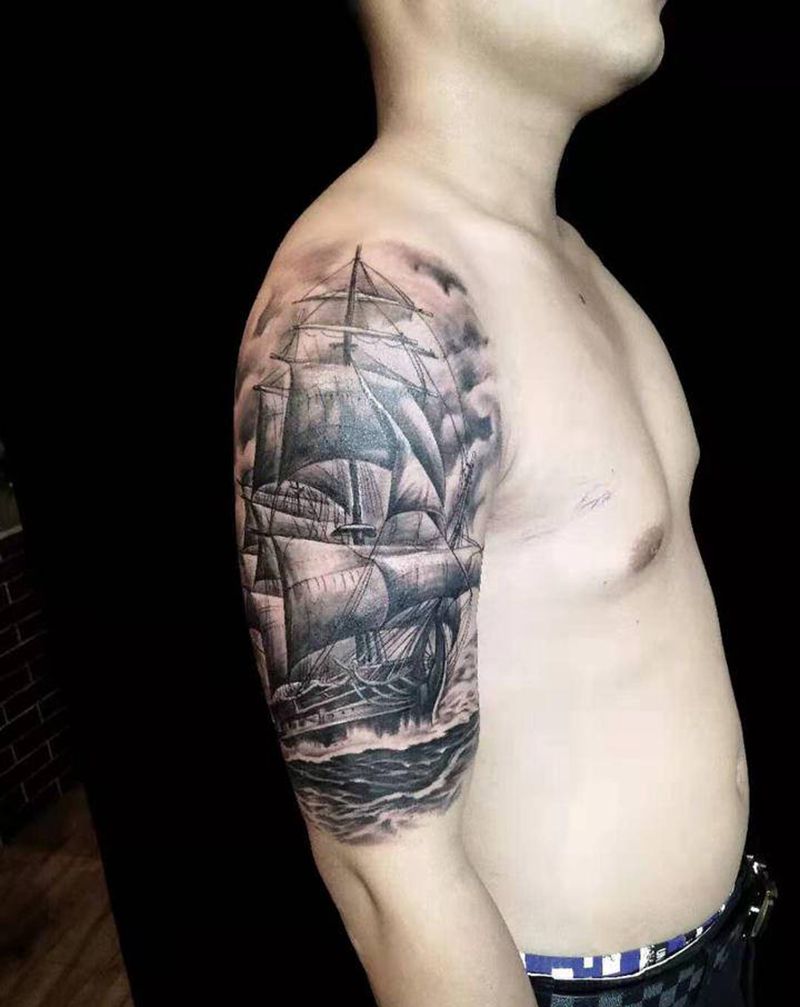 帆船纹身图片_手臂纹身图案