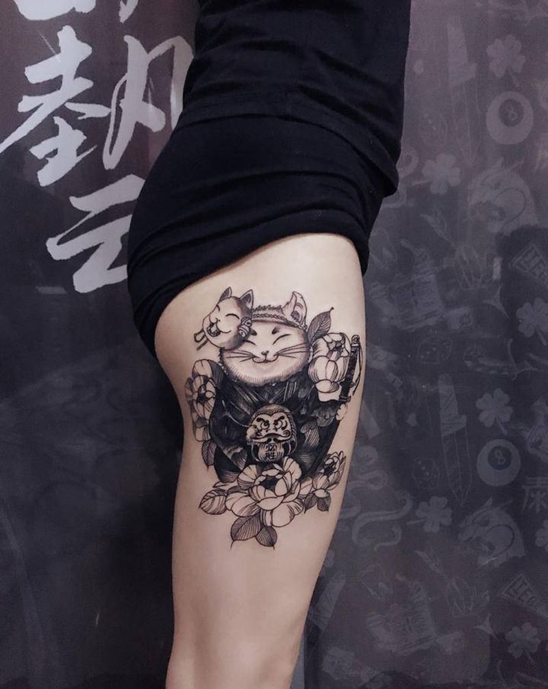 招财猫纹身图片_腿部几何猫纹身图案