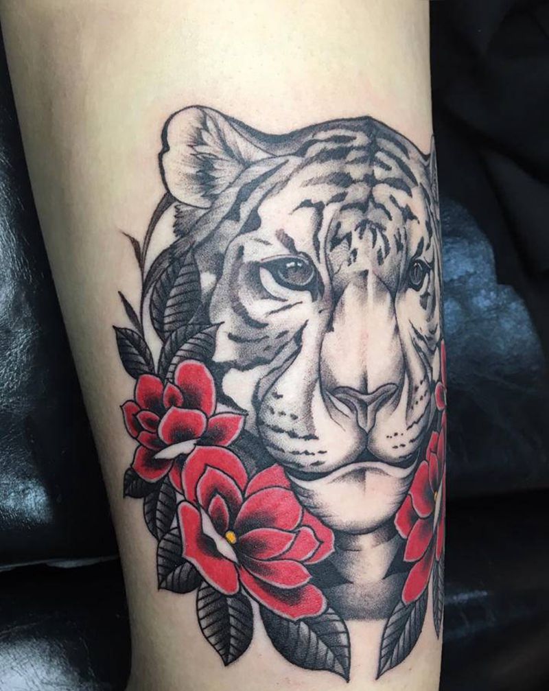 心虎纹身图片_点刺Old School虎纹身图案