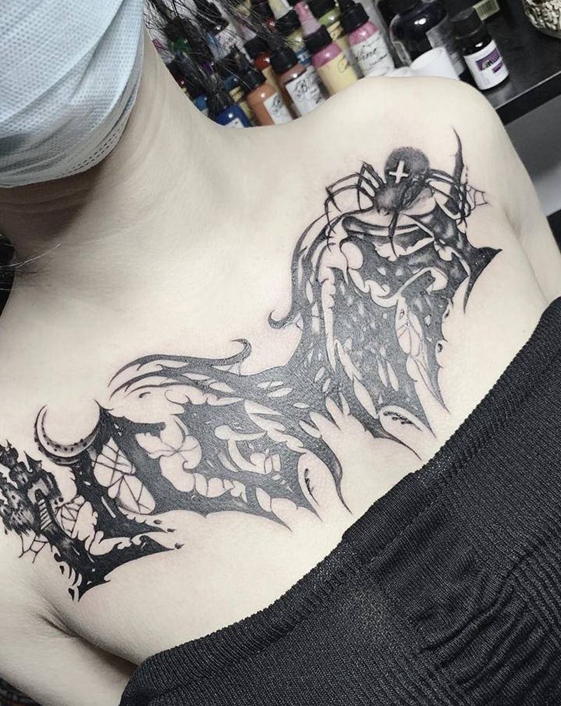 遮盖花胸纹身图片_胸部点刺几何暗黑遮盖花胸纹身图案