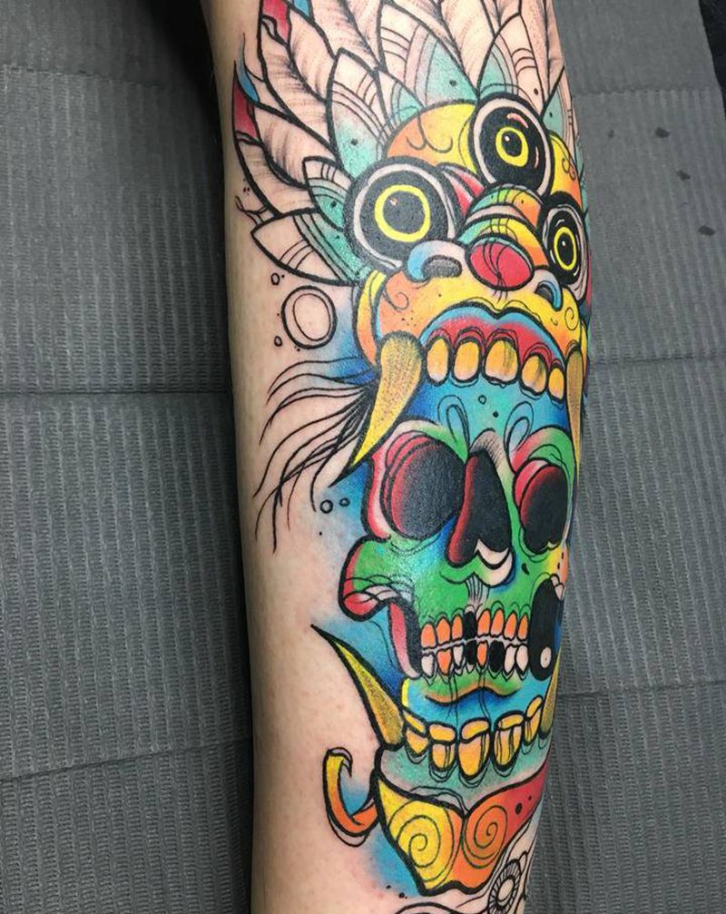 印第安骷髅纹身图片_腿部New School水彩纹身图案