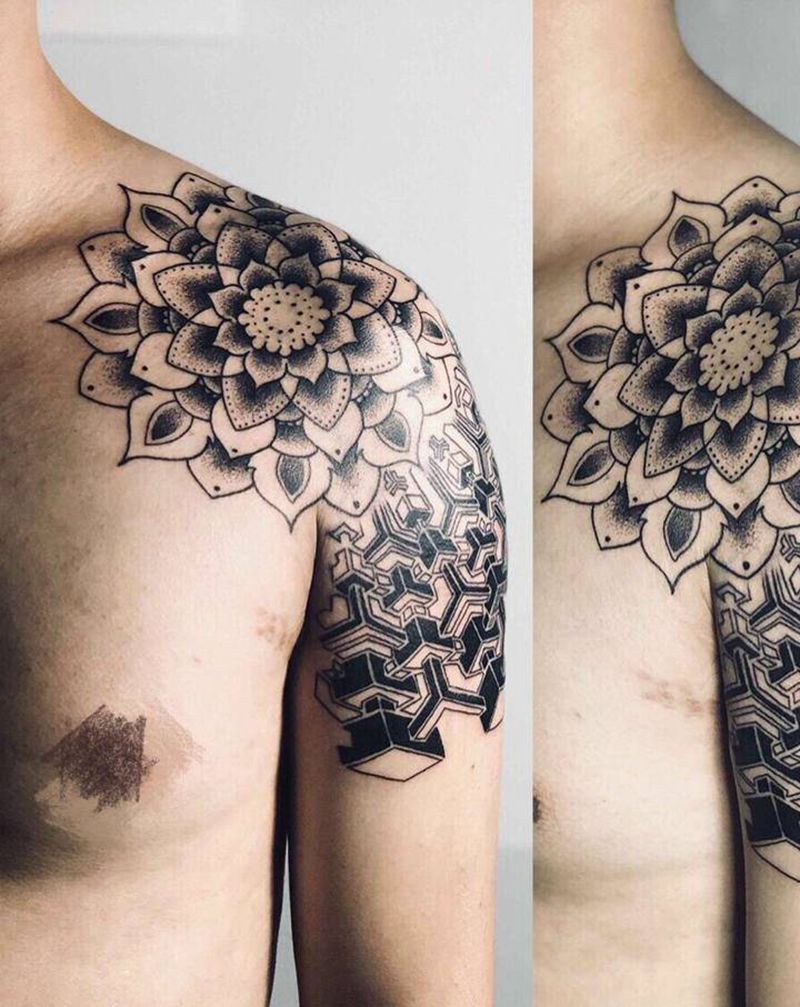 几何梵花拼接系列纹身图片_肩部胸部点刺几何纹身图案