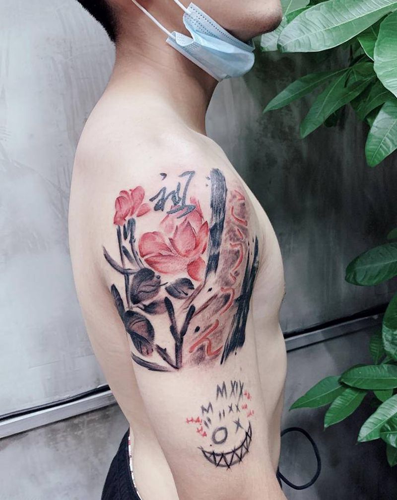 中国风泼墨纹身图片_手臂水墨泼墨中国风脏雾纹身图案