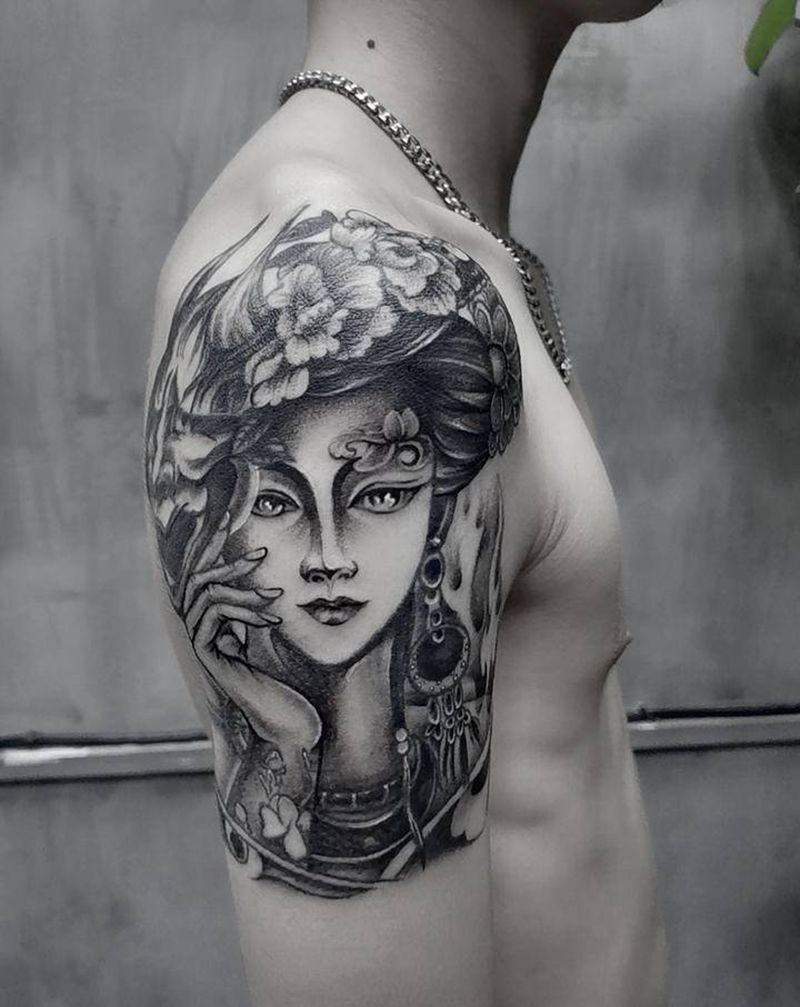 艺妓纹身图片_肩部新传统艺妓传统大臂纹身图案