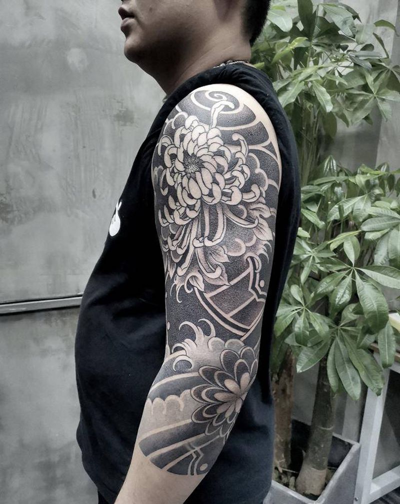 日式七分袖纹身图片_手臂老传统纹身图案