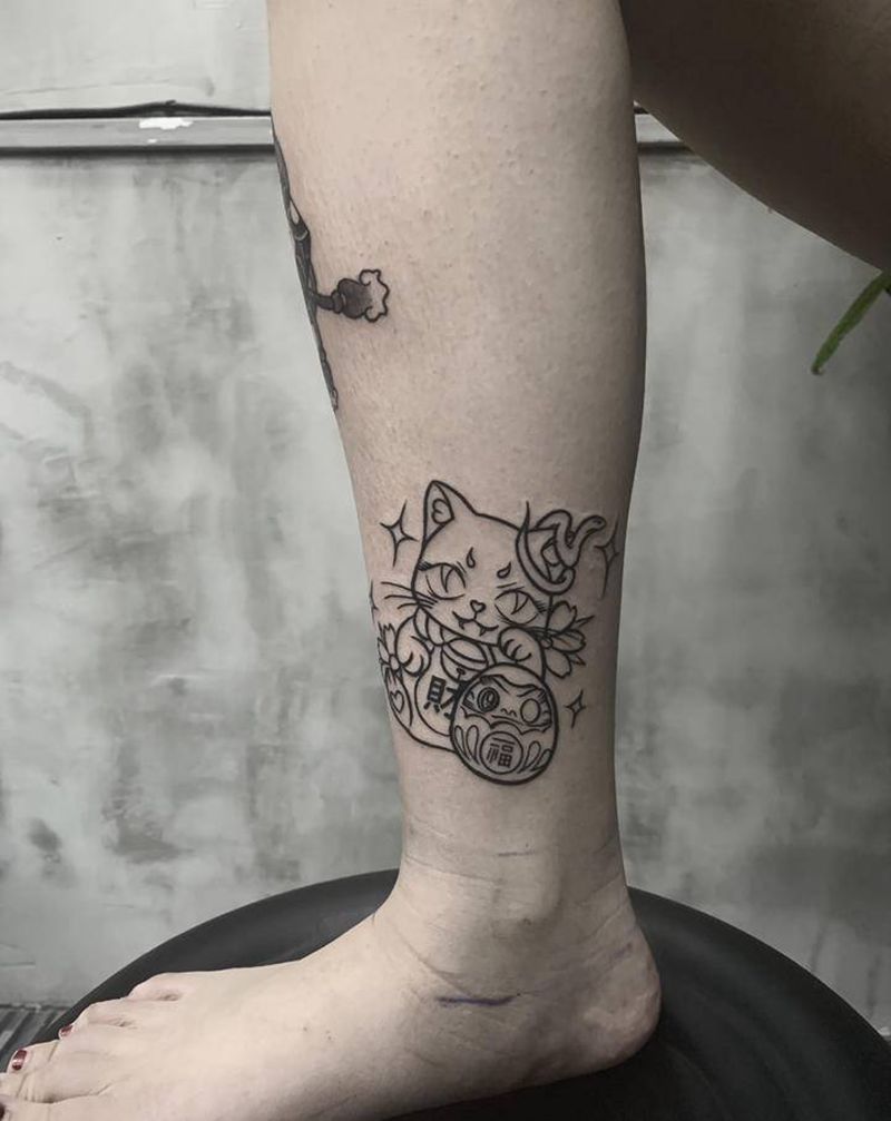招财猫线稿纹身图片_腿部老传统纹身图案