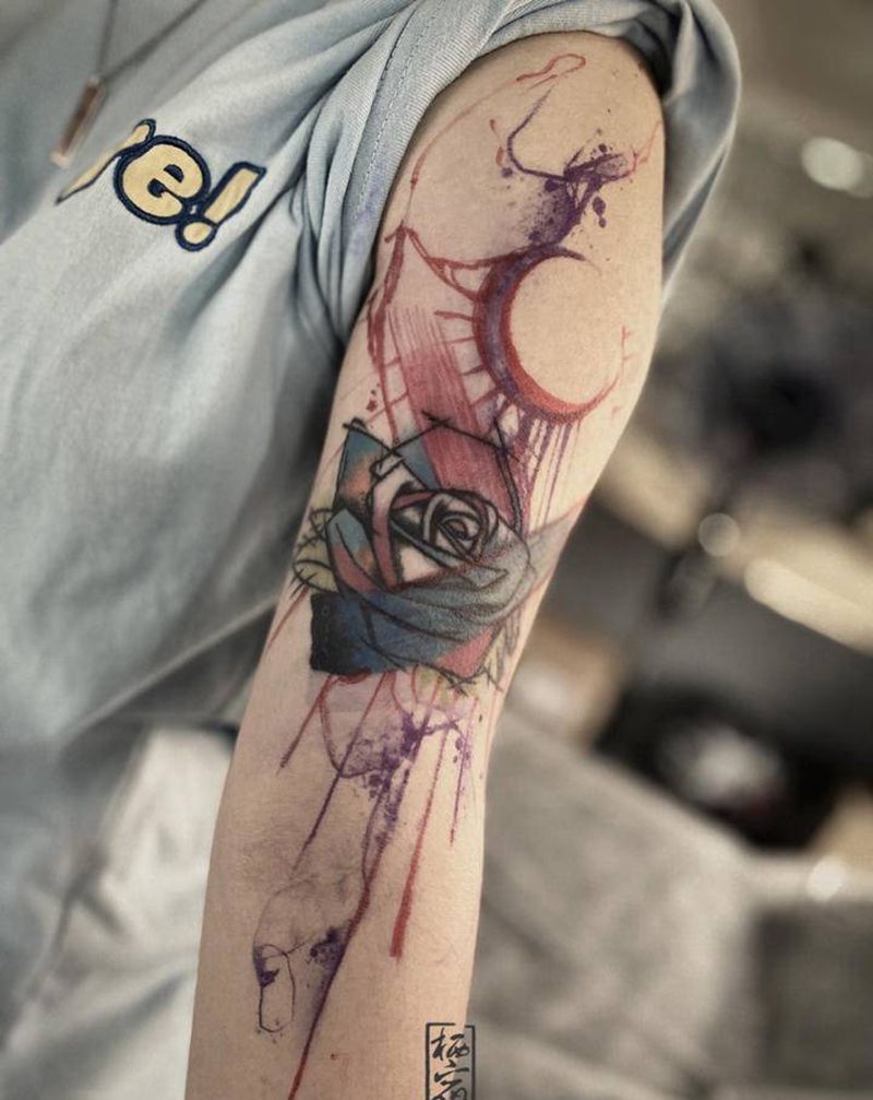 玫瑰修改添加纹身图片_手臂手部水彩水墨玫瑰 线纹身图案