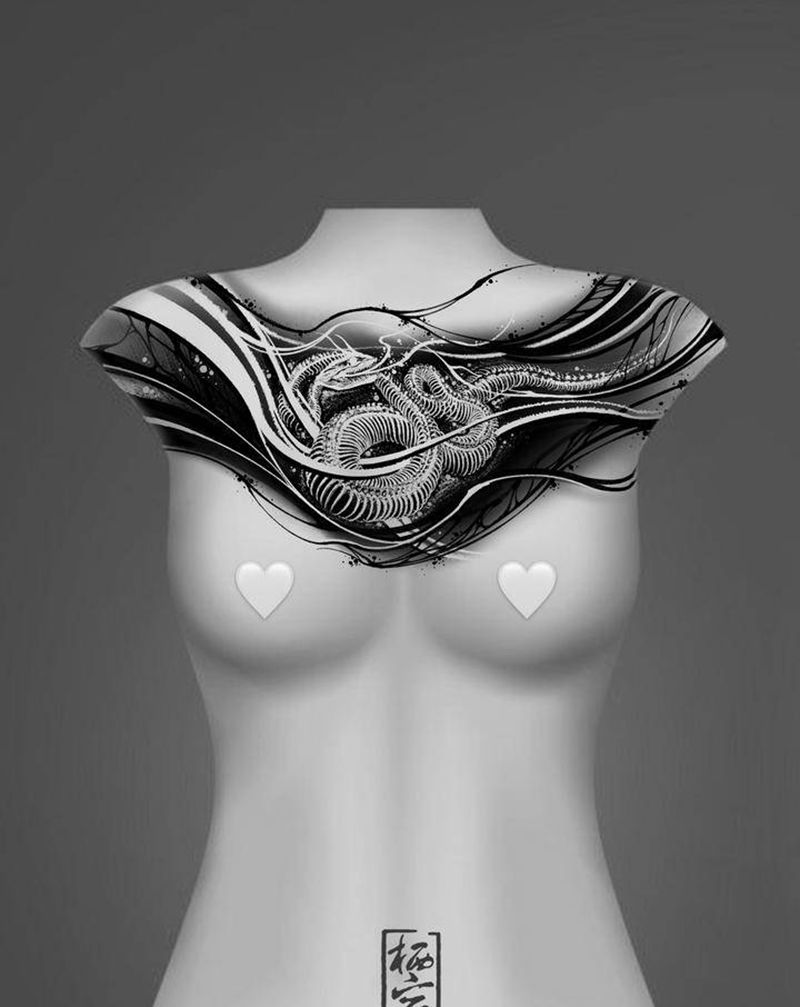 蛇骨纹身图片_胸部肩部水墨几何蛇蛇骨纹身图案