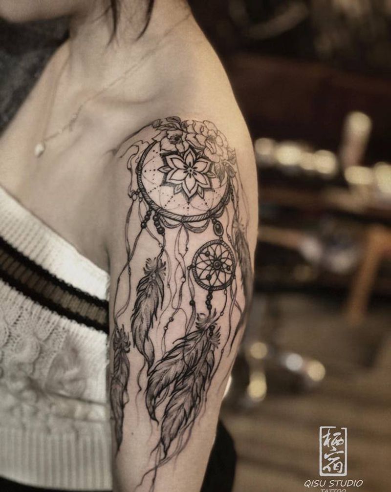捕梦网纹身图片_手臂手部水墨点刺捕梦网纹身图案