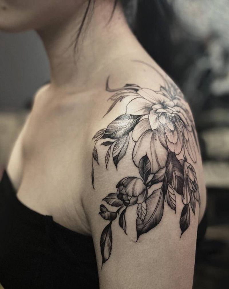 肩花纹身图片_肩部手臂水墨几何素花 肩花纹身图案