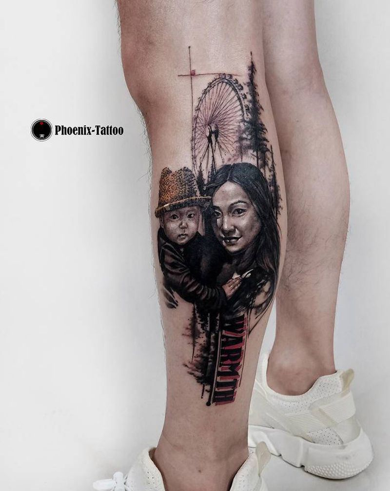 母子纹身图片_腿部欧美写实纹身图案
